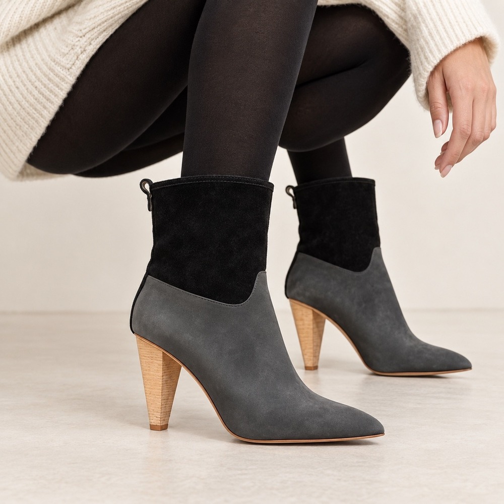 Matt Bernson Grey Black Suede Leather Wooden Cone Heel Ankle Boots Size 8